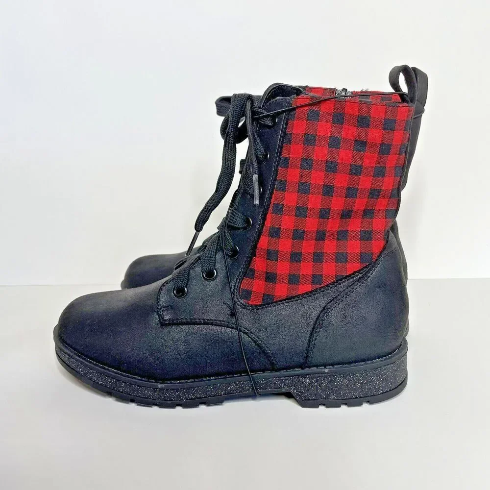 MIA Kids Boots Youth Girls 3 Kissia Side Zip Combat Black & Red Plaid Holiday‎